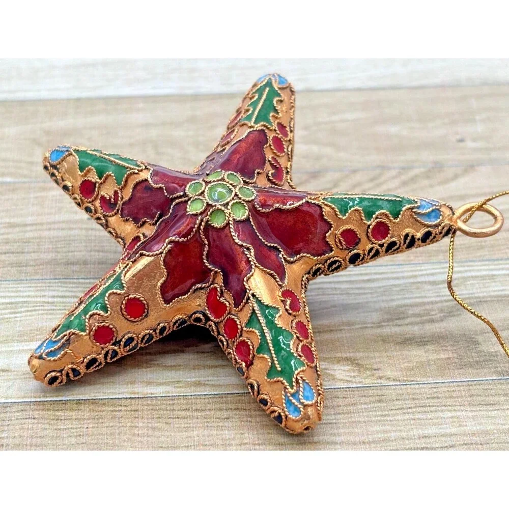 Cloisonne Red Enamel Gold Metal Holly Floral Star Christmas Hanging Ornament EUC